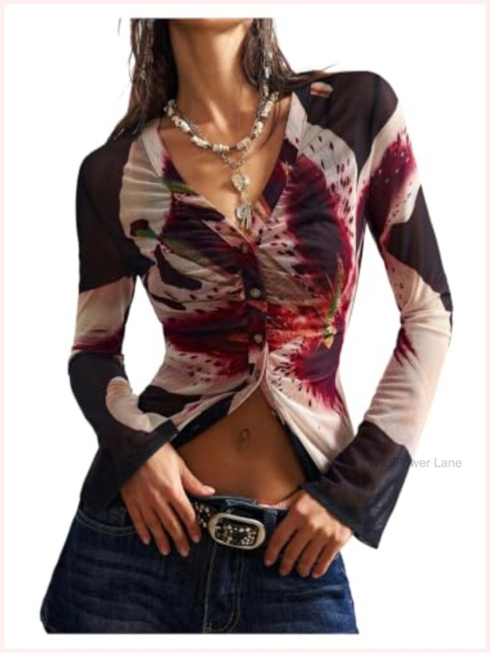 Women's Plus Size Floral Mesh Blouse V Neck Button Down Long Sleeve Boho Top